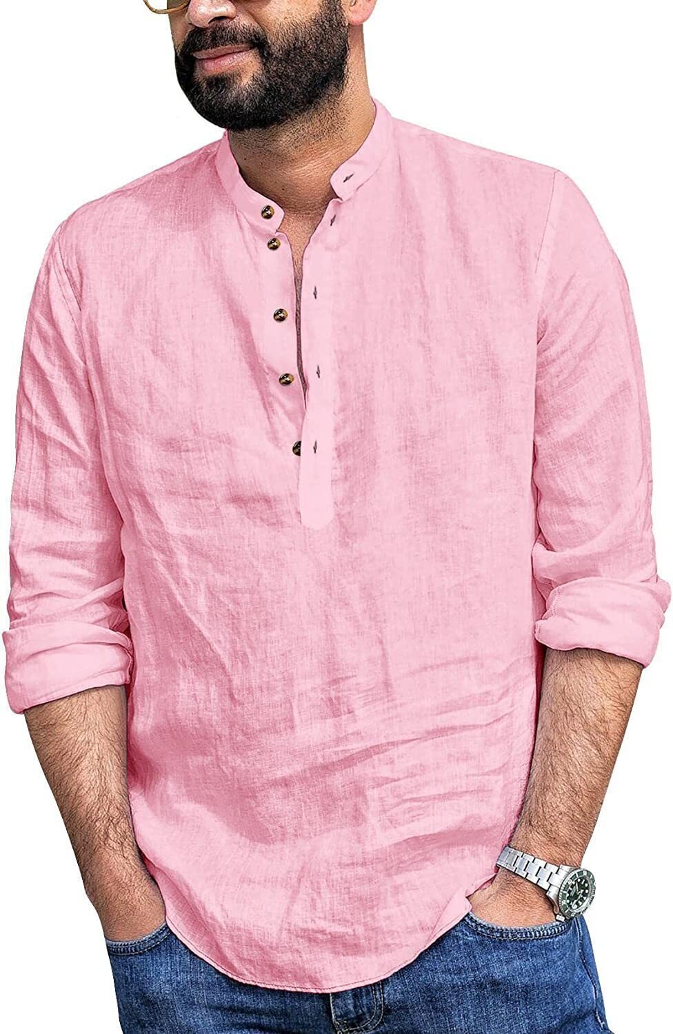 6-Pack Mens Linen Henley Shirt Casual Long Sleeve T-Shirt Summer Beach Plain Tee Tops💖Buy two packs for free shipping💖