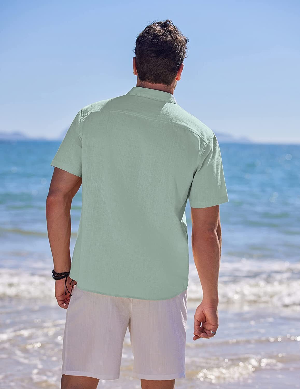 8-Pack Men's Cotton Linen Henley Shirt Short Sleeve Cuban Shirt Hippie Casual Beach Band Collar T Shirts💖Buy two packs for free shipping💖
