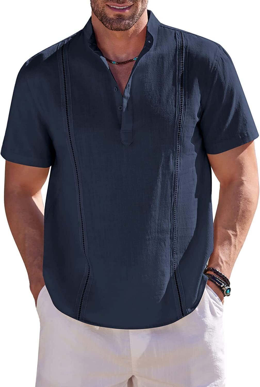 8-Pack Men's Cotton Linen Henley Shirt Short Sleeve Cuban Shirt Hippie Casual Beach Band Collar T Shirts💖Buy two packs for free shipping💖