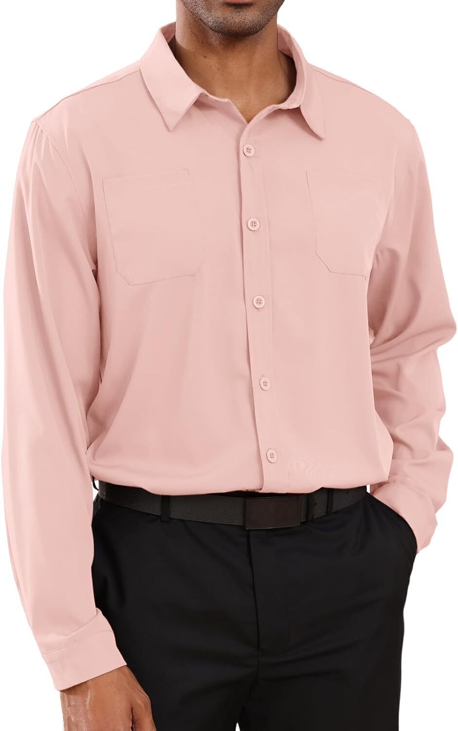 8-park Mens Fashion Dress Shirts Solid Color Long Sleeve Regular Fit Casual Button Down Shirts with Two Chest Pockets