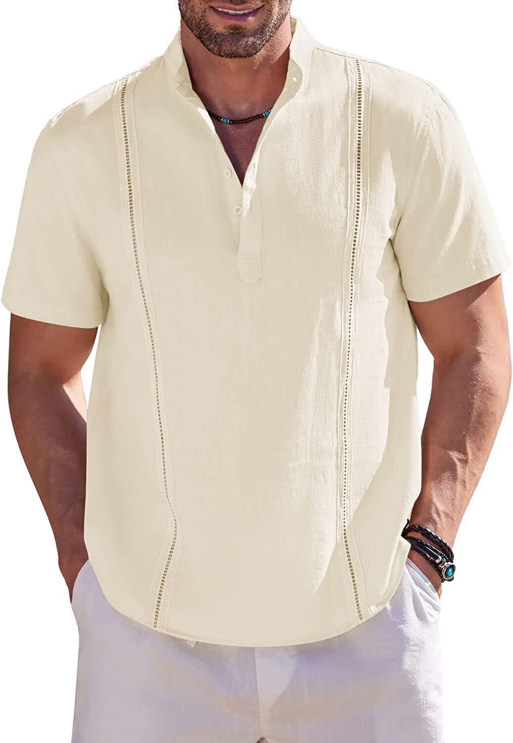 8-Pack Men's Cotton Linen Henley Shirt Short Sleeve Cuban Shirt Hippie Casual Beach Band Collar T Shirts💖Buy two packs for free shipping💖