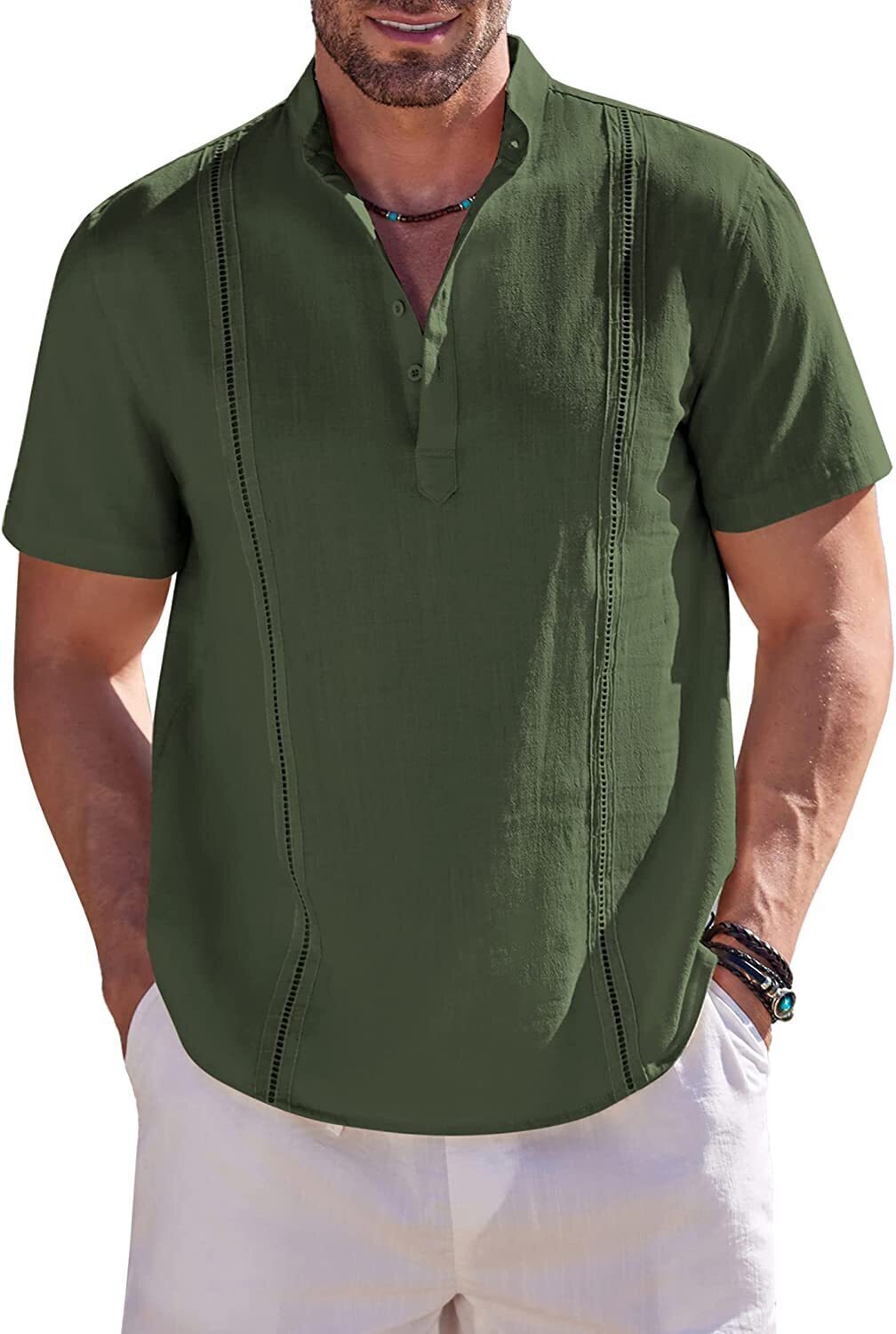 8-Pack Men's Cotton Linen Henley Shirt Short Sleeve Cuban Shirt Hippie Casual Beach Band Collar T Shirts💖Buy two packs for free shipping💖