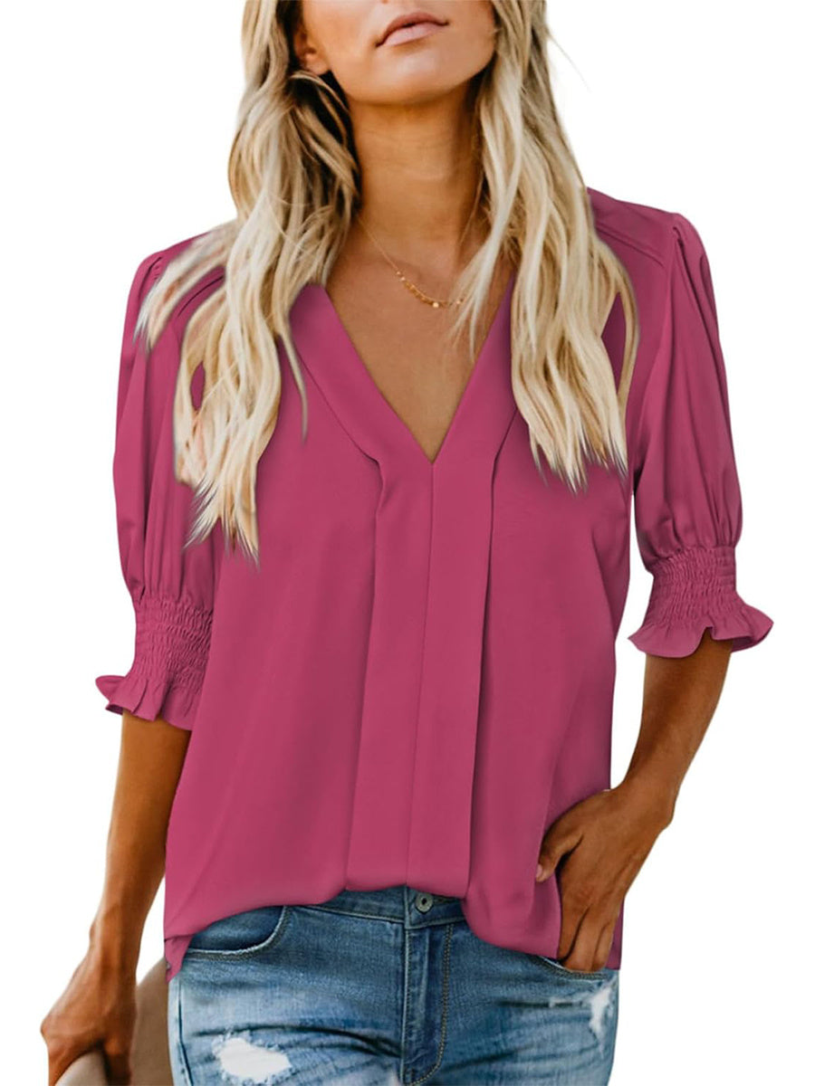 Limited time sale🔥Women's V Neck Dressy Puff Ruffle Blouse Casual Short Sleeve Tops(BUY 2 FREE SHIPPING)