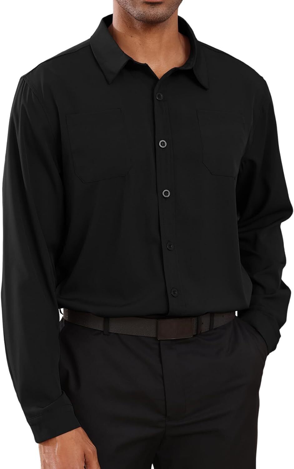 8-park Mens Fashion Dress Shirts Solid Color Long Sleeve Regular Fit Casual Button Down Shirts with Two Chest Pockets