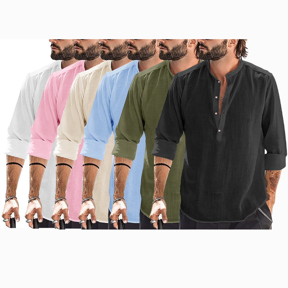 6-Pack Mens Linen Henley Shirt Casual Long Sleeve T-Shirt Summer Beach Plain Tee Tops💖Buy two packs for free shipping💖