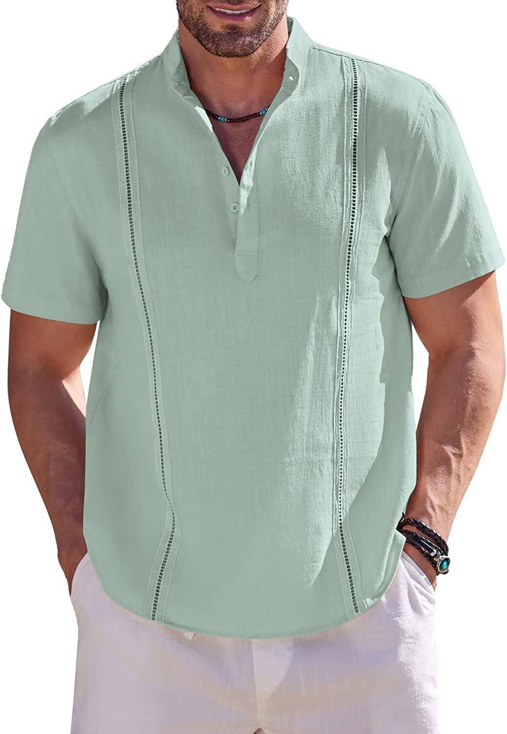 8-Pack Men's Cotton Linen Henley Shirt Short Sleeve Cuban Shirt Hippie Casual Beach Band Collar T Shirts💖Buy two packs for free shipping💖