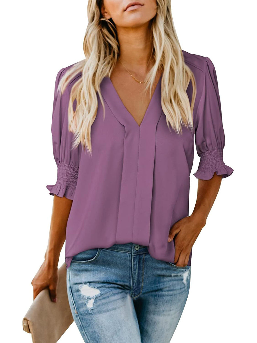 Limited time sale🔥Women's V Neck Dressy Puff Ruffle Blouse Casual Short Sleeve Tops(BUY 2 FREE SHIPPING)