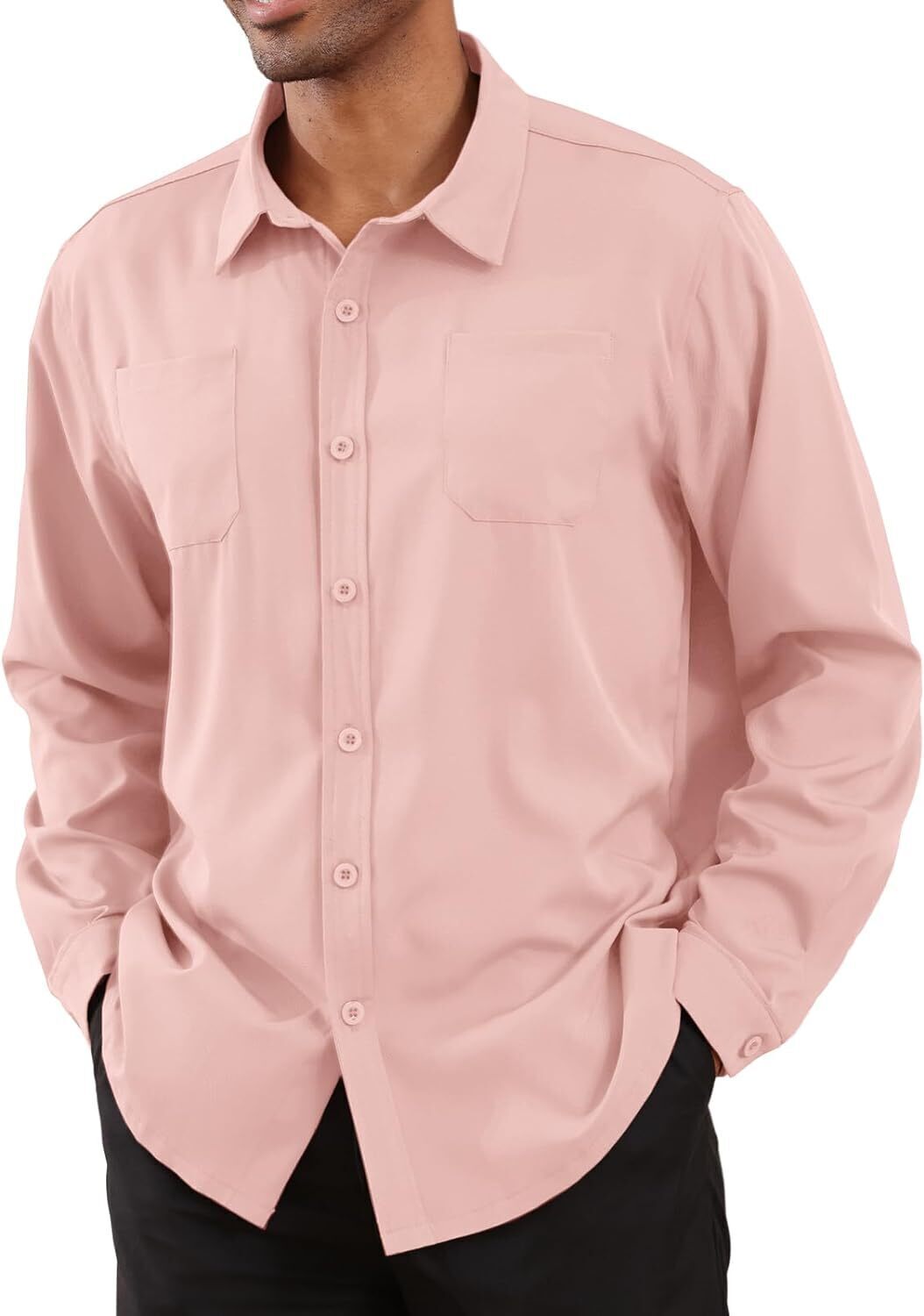 8-park Mens Fashion Dress Shirts Solid Color Long Sleeve Regular Fit Casual Button Down Shirts with Two Chest Pockets