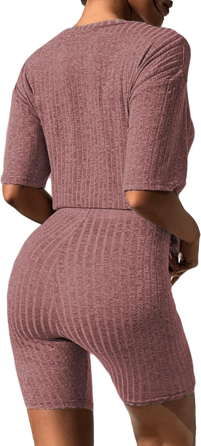 2 Piece Lounge Sets Ribbed Knit Matching Outfits T-shirt Biker Shorts Sleepwear Loungewear Sweatsuits