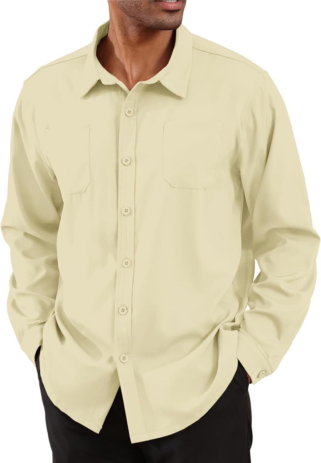 8-park Mens Fashion Dress Shirts Solid Color Long Sleeve Regular Fit Casual Button Down Shirts with Two Chest Pockets