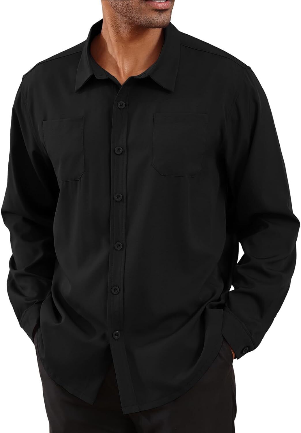8-park Mens Fashion Dress Shirts Solid Color Long Sleeve Regular Fit Casual Button Down Shirts with Two Chest Pockets
