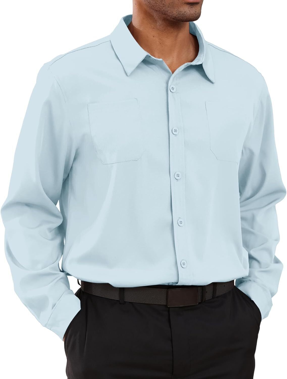 8-park Mens Fashion Dress Shirts Solid Color Long Sleeve Regular Fit Casual Button Down Shirts with Two Chest Pockets