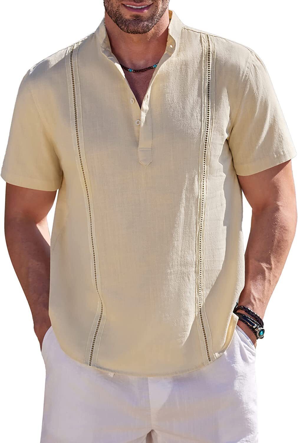 8-Pack Men's Cotton Linen Henley Shirt Short Sleeve Cuban Shirt Hippie Casual Beach Band Collar T Shirts💖Buy two packs for free shipping💖