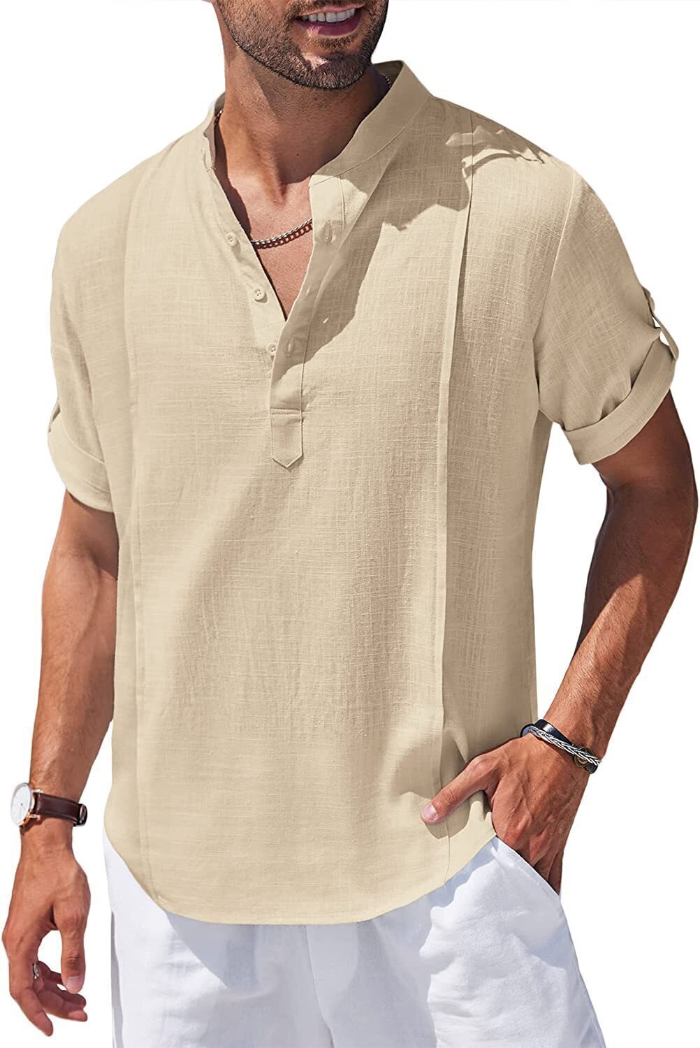8-Pack Men's Linen Henley Shirt Casual Beach Hippie Shirts Short Sleeve T Shirts💖Buy two packs for free shipping💖