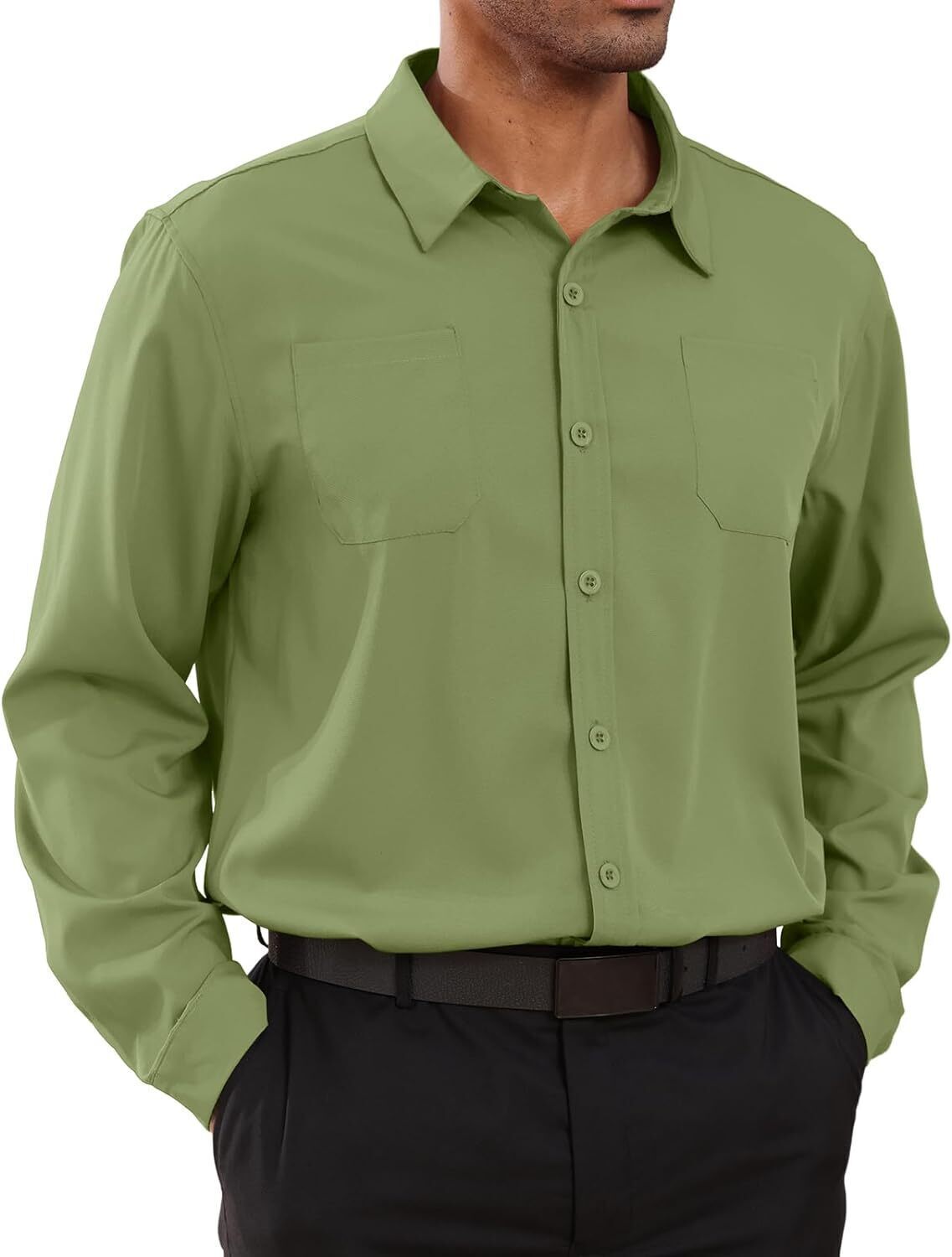 8-park Mens Fashion Dress Shirts Solid Color Long Sleeve Regular Fit Casual Button Down Shirts with Two Chest Pockets