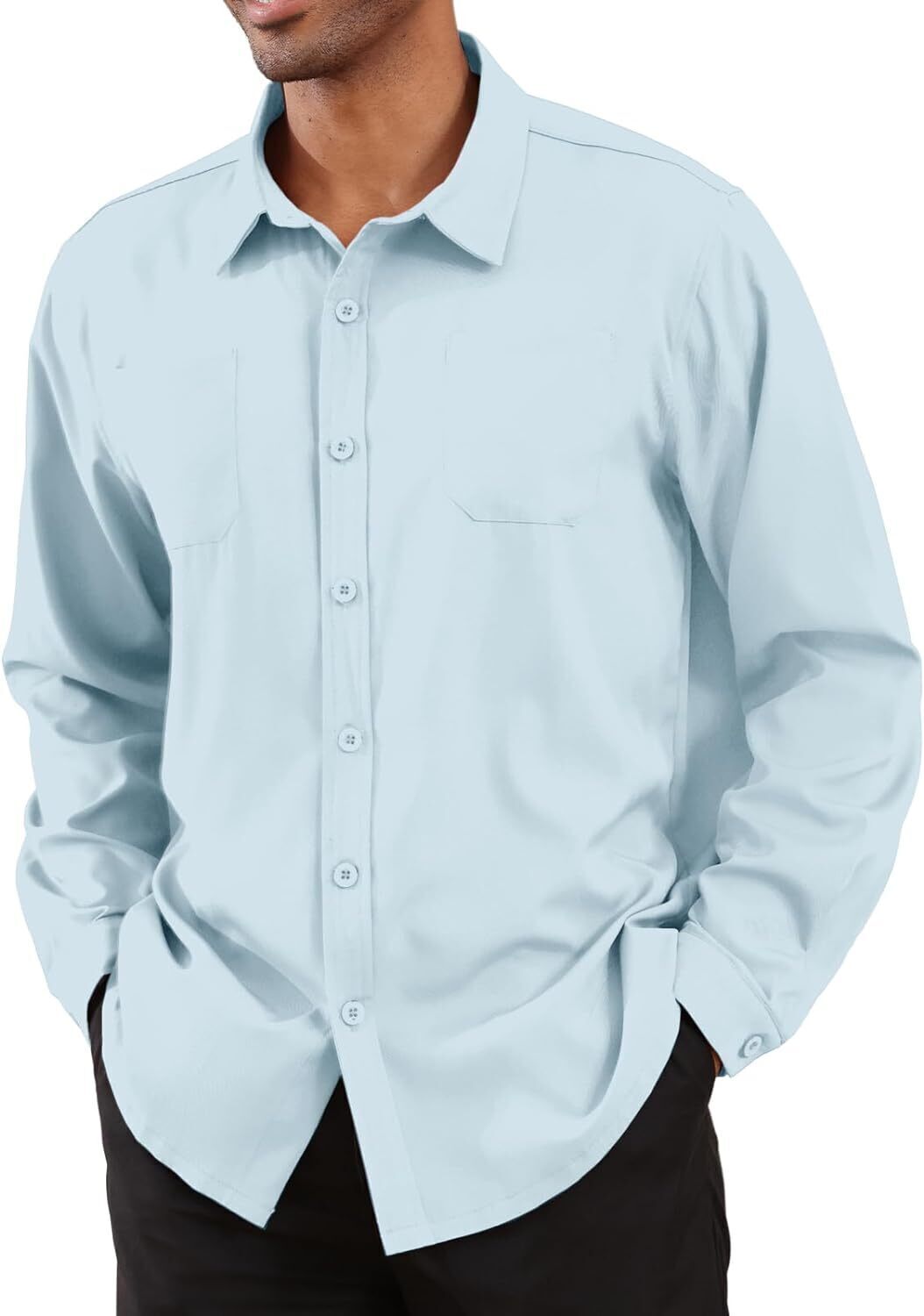 8-park Mens Fashion Dress Shirts Solid Color Long Sleeve Regular Fit Casual Button Down Shirts with Two Chest Pockets