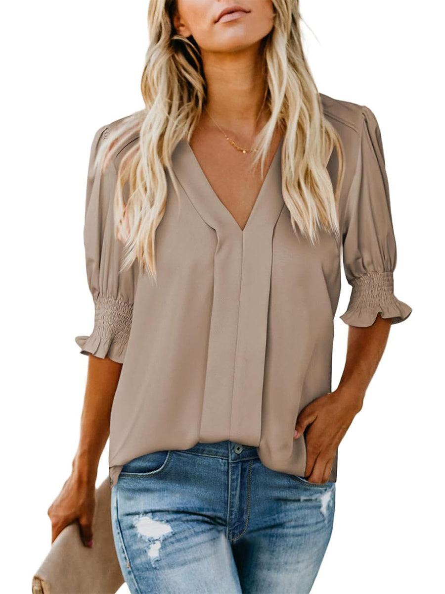 Limited time sale🔥Women's V Neck Dressy Puff Ruffle Blouse Casual Short Sleeve Tops(BUY 2 FREE SHIPPING)