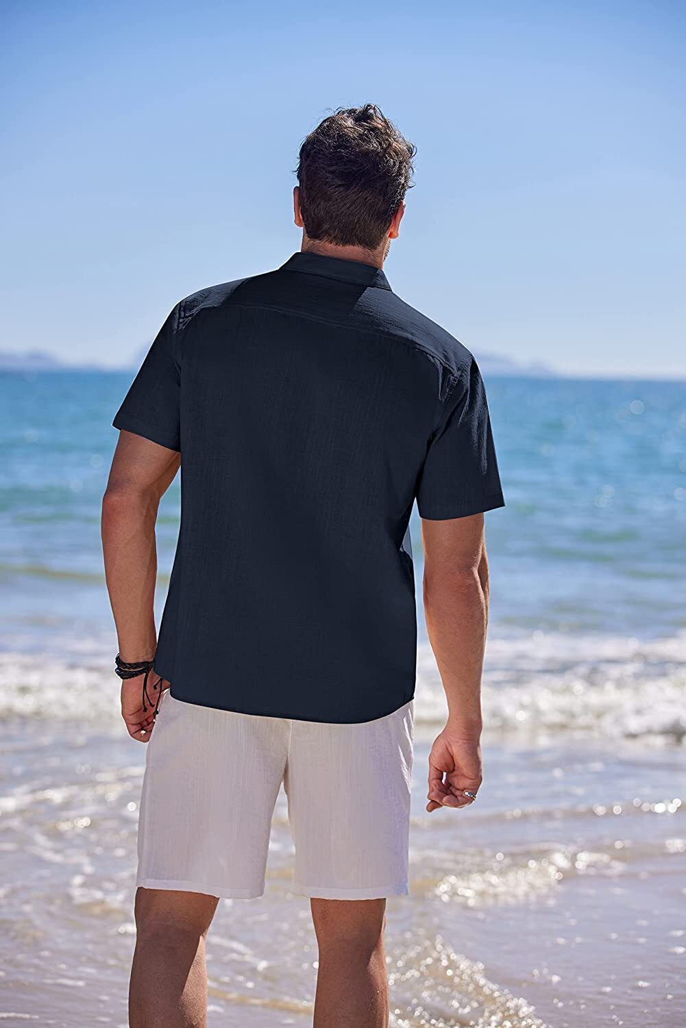 8-Pack Men's Cotton Linen Henley Shirt Short Sleeve Cuban Shirt Hippie Casual Beach Band Collar T Shirts💖Buy two packs for free shipping💖