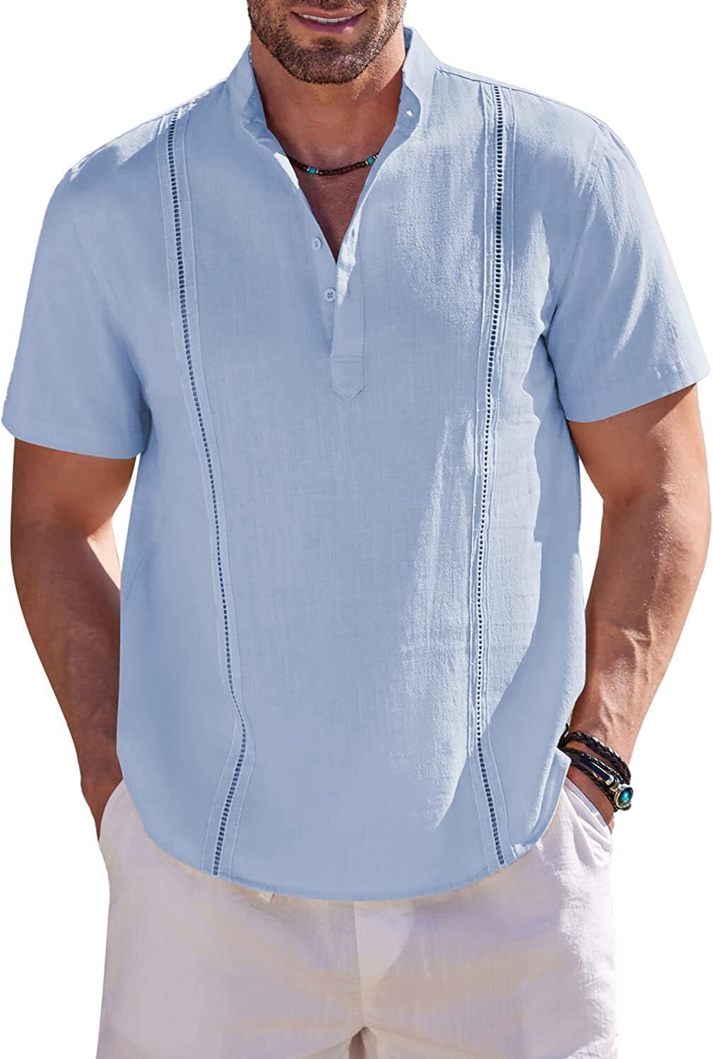 8-Pack Men's Cotton Linen Henley Shirt Short Sleeve Cuban Shirt Hippie Casual Beach Band Collar T Shirts💖Buy two packs for free shipping💖