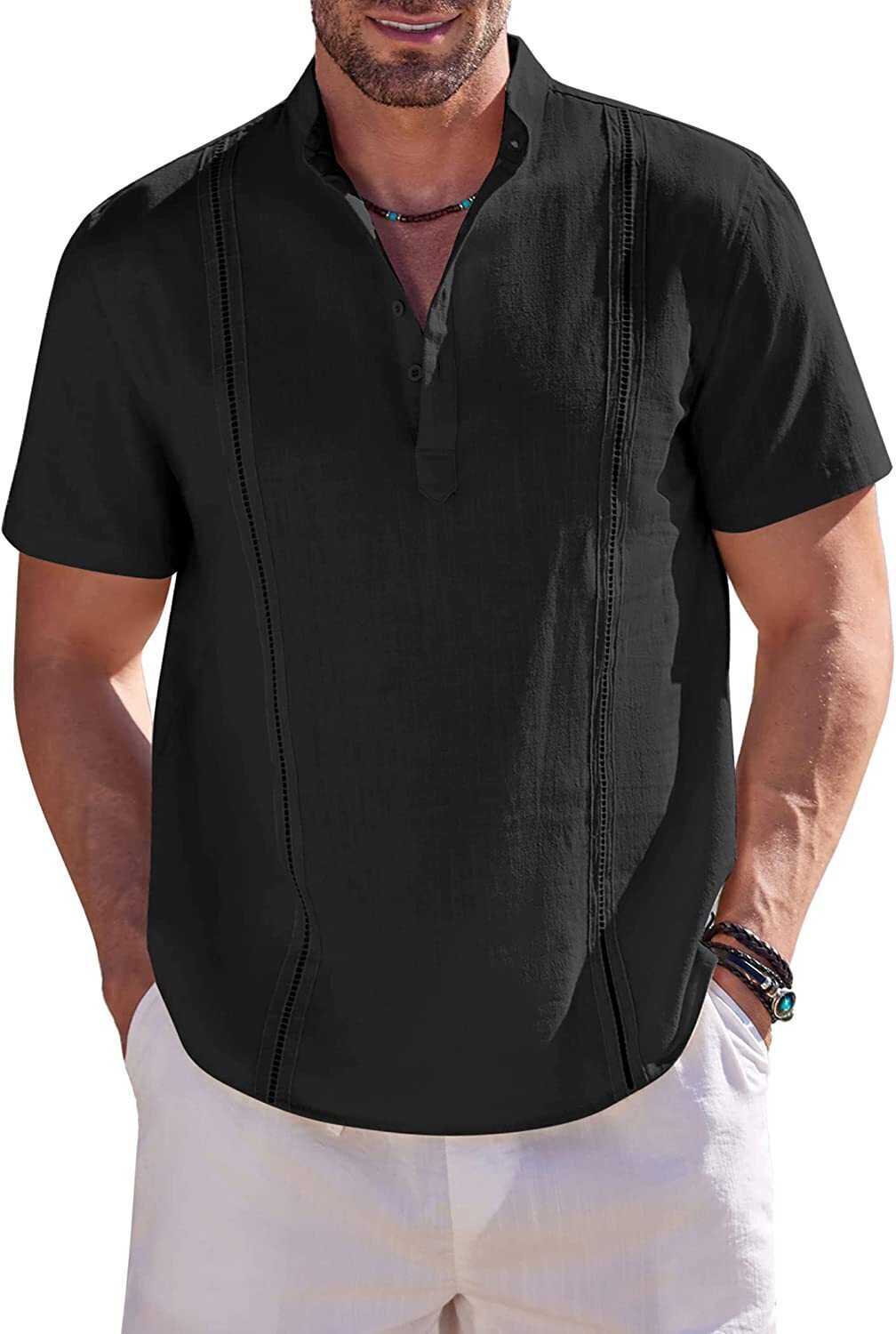 8-Pack Men's Cotton Linen Henley Shirt Short Sleeve Cuban Shirt Hippie Casual Beach Band Collar T Shirts💖Buy two packs for free shipping💖