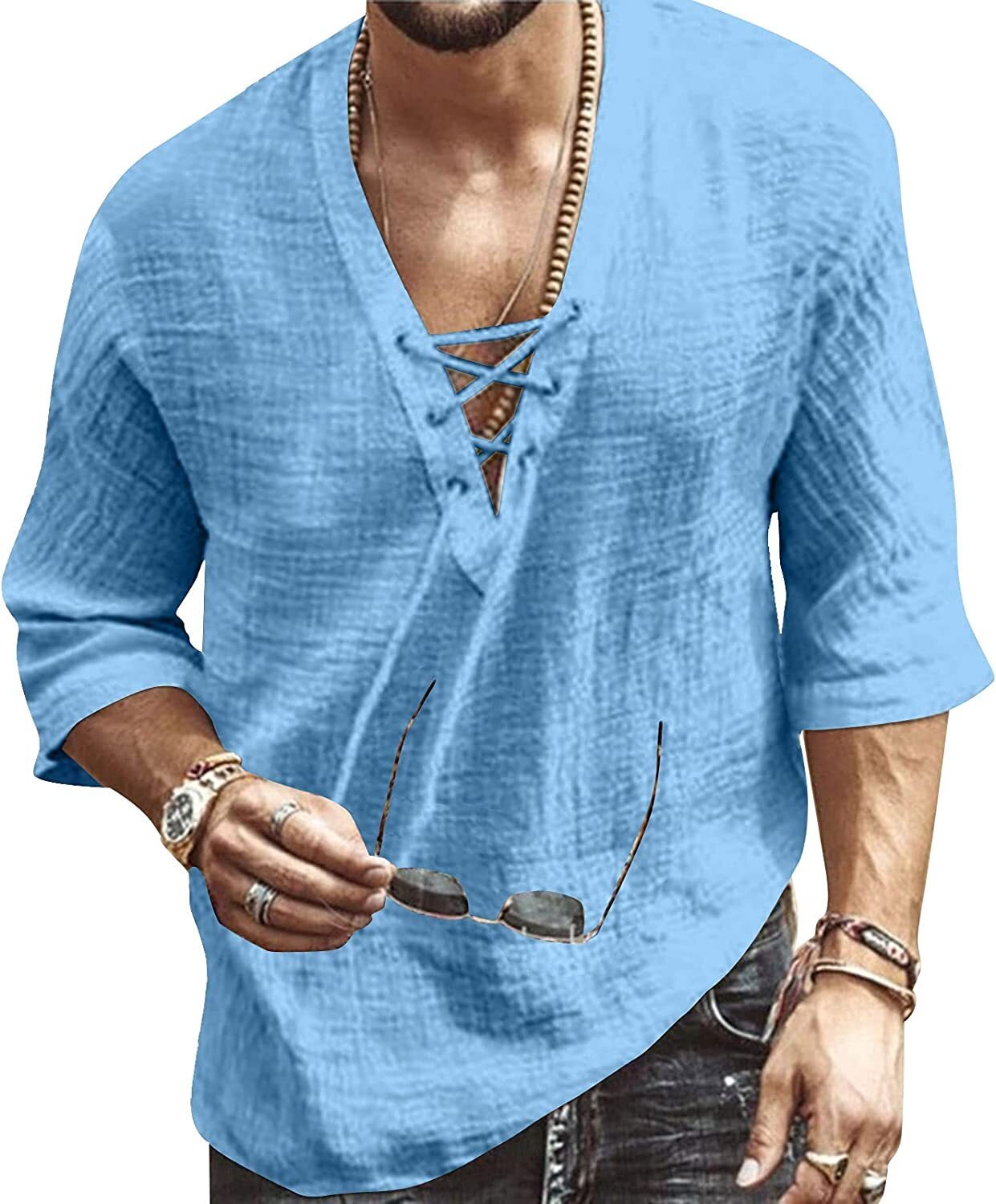 6 PACK Men's Fashion Shirt Short Sleeve Beach V-Neck Drawstring Printing Yoga African Summer Top🧡Buy two packs for free shipping🧡