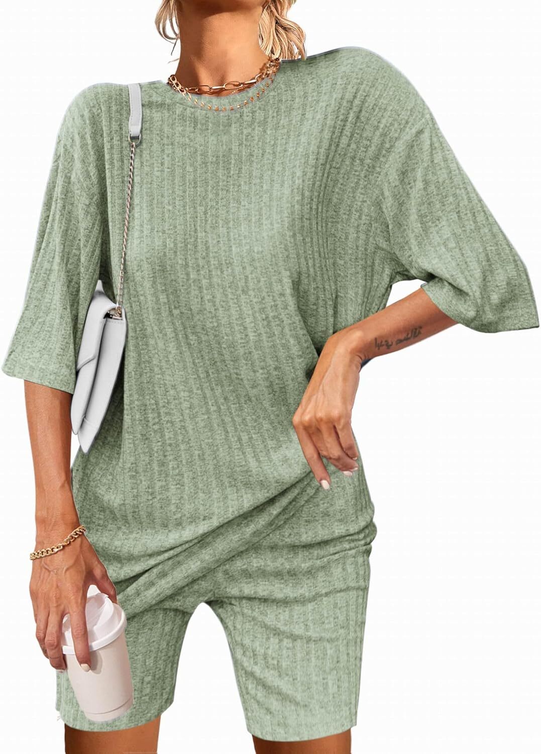 2 Piece Lounge Sets Ribbed Knit Matching Outfits T-shirt Biker Shorts Sleepwear Loungewear Sweatsuits