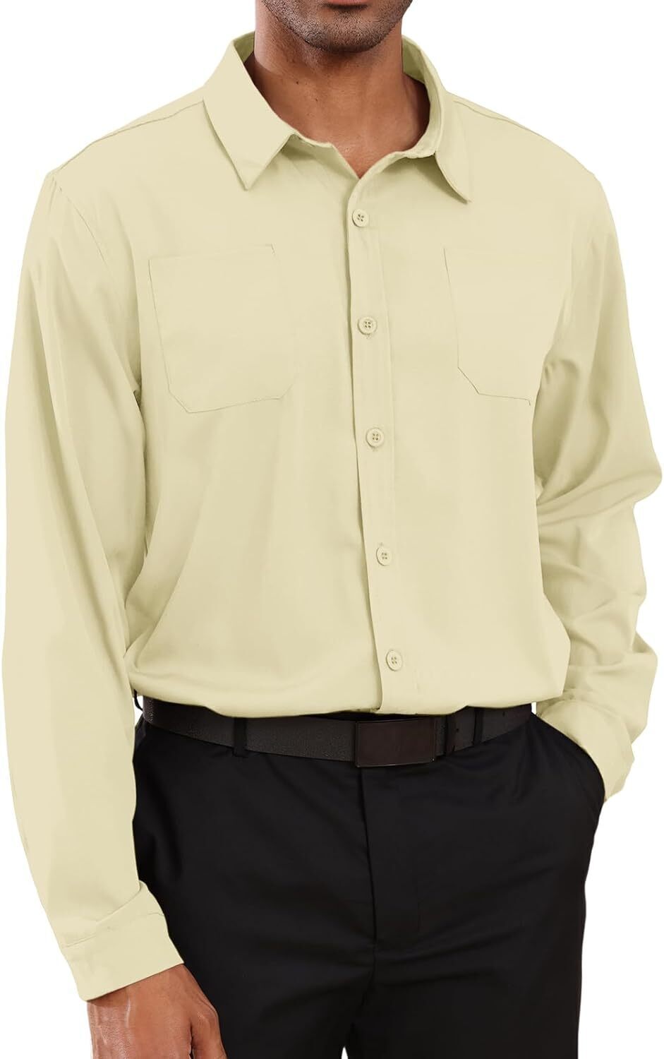 8-park Mens Fashion Dress Shirts Solid Color Long Sleeve Regular Fit Casual Button Down Shirts with Two Chest Pockets
