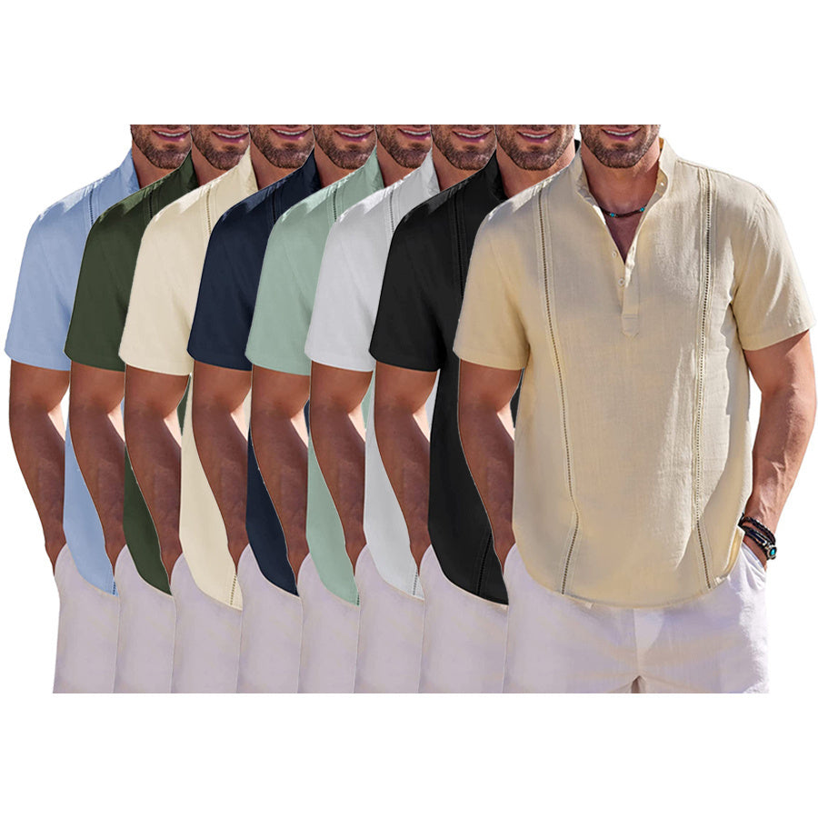 8-Pack Men's Cotton Linen Henley Shirt Short Sleeve Cuban Shirt Hippie Casual Beach Band Collar T Shirts💖Buy two packs for free shipping💖