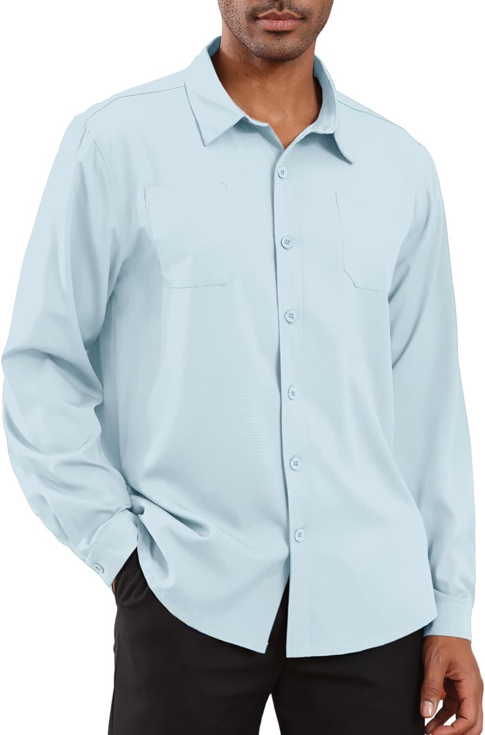 8-park Mens Fashion Dress Shirts Solid Color Long Sleeve Regular Fit Casual Button Down Shirts with Two Chest Pockets