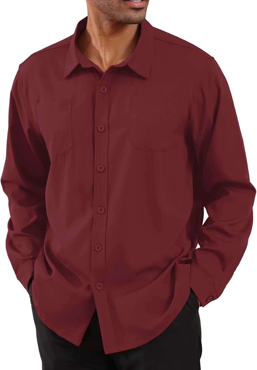 8-park Mens Fashion Dress Shirts Solid Color Long Sleeve Regular Fit Casual Button Down Shirts with Two Chest Pockets