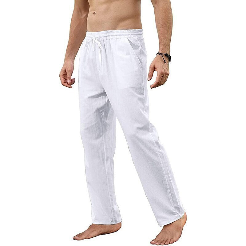 7 PACK Men's Linen Pants Trousers Beach Pants Straight Pants Pocket Drawstring Solid Color Plain Breathable Soft Full Length Home Casual Linen Fashion Classic Loose Fit White Black Micro-elastic