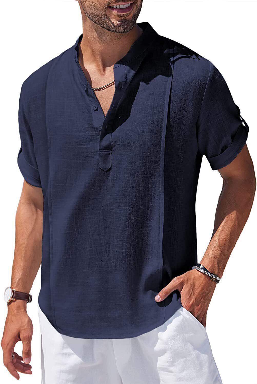 8-Pack Men's Linen Henley Shirt Casual Beach Hippie Shirts Short Sleeve T Shirts💖Buy two packs for free shipping💖