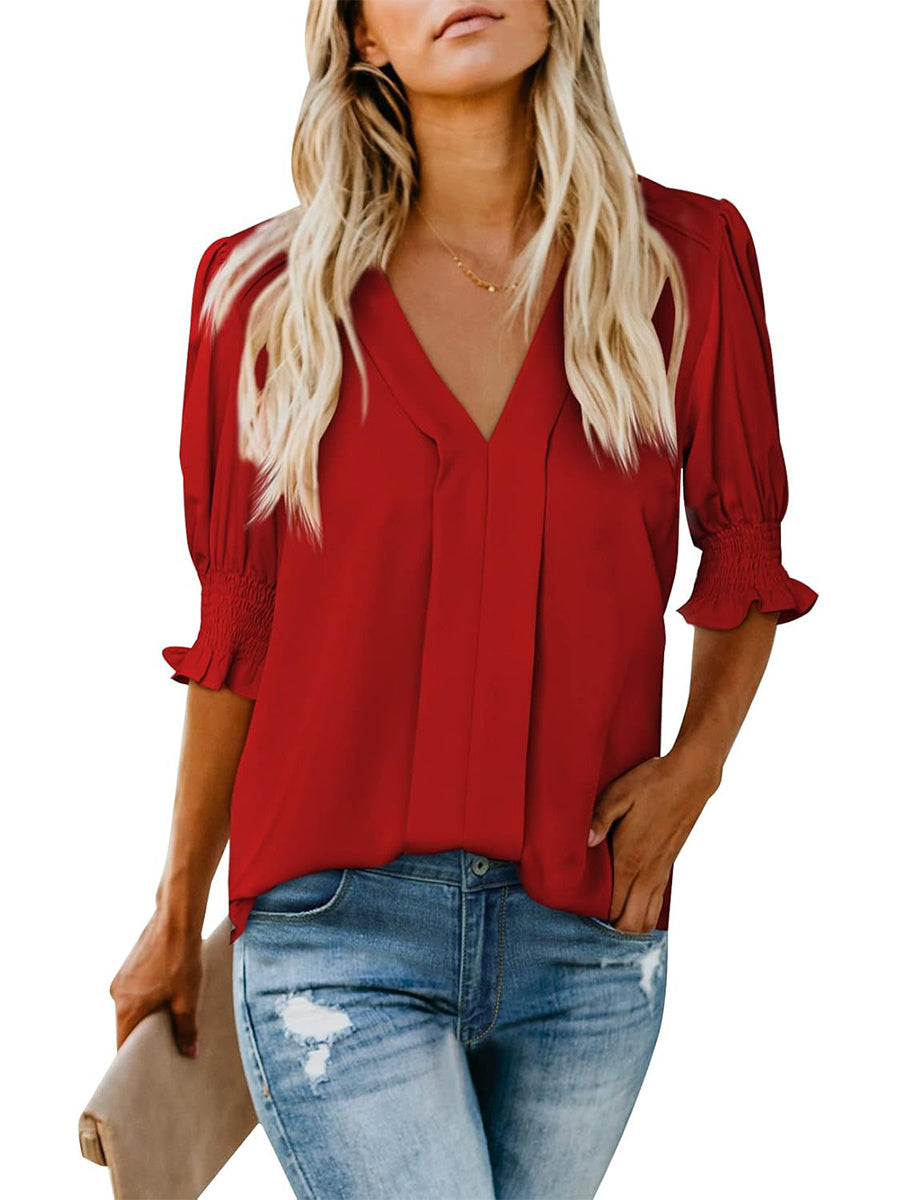 Limited time sale🔥Women's V Neck Dressy Puff Ruffle Blouse Casual Short Sleeve Tops(BUY 2 FREE SHIPPING)