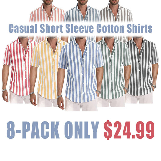Casual Short Sleeve Button-Up Striped Cotton Shirts