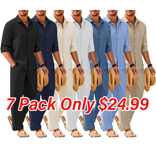 Men's 2 Piece Linen Sets Casual Long Sleeve Button Down Cuban Shirt and Loose Pants Set Beach Vacation Outfits