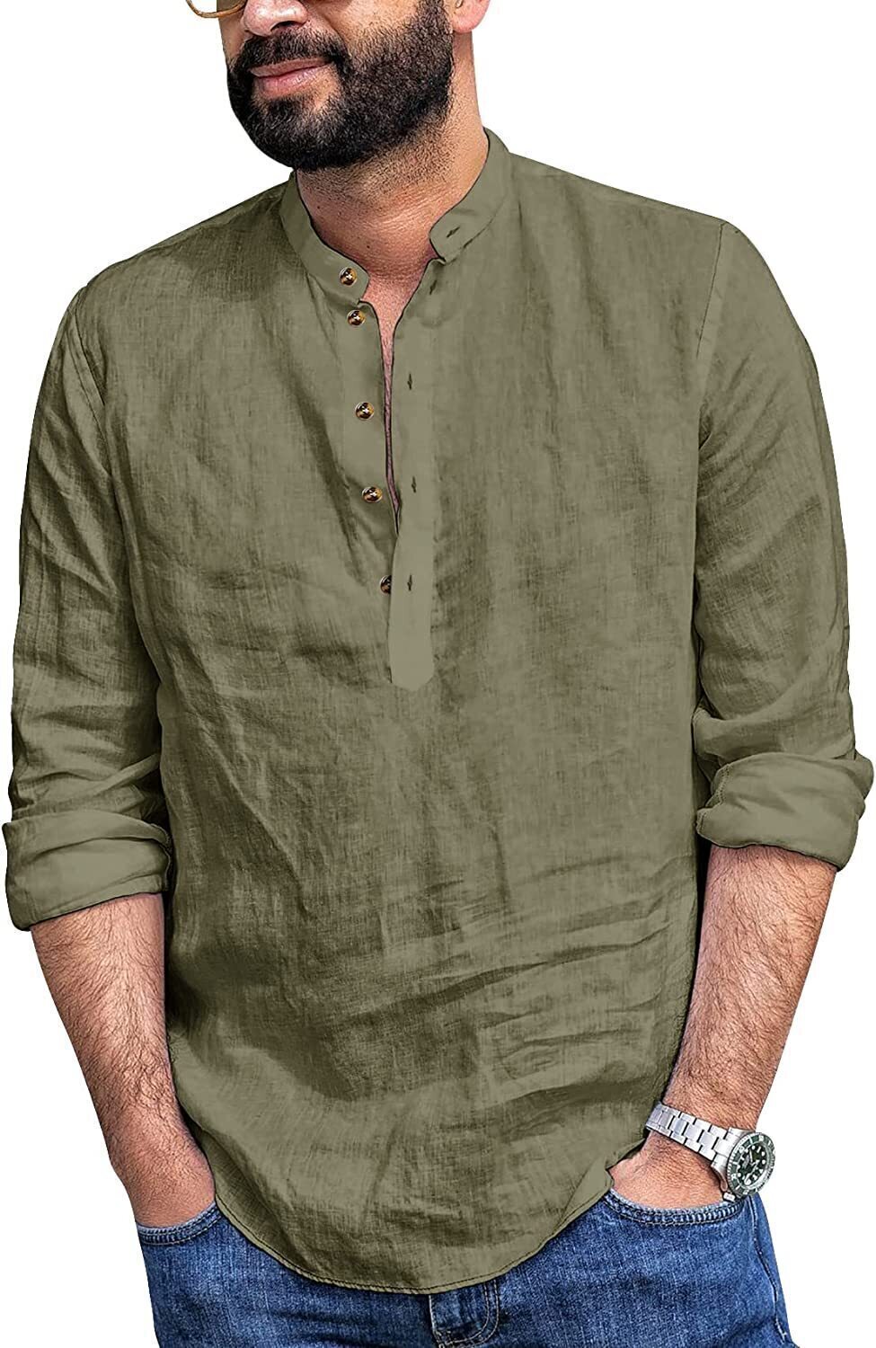 6-Pack Mens Linen Henley Shirt Casual Long Sleeve T-Shirt Summer Beach Plain Tee Tops💖Buy two packs for free shipping💖