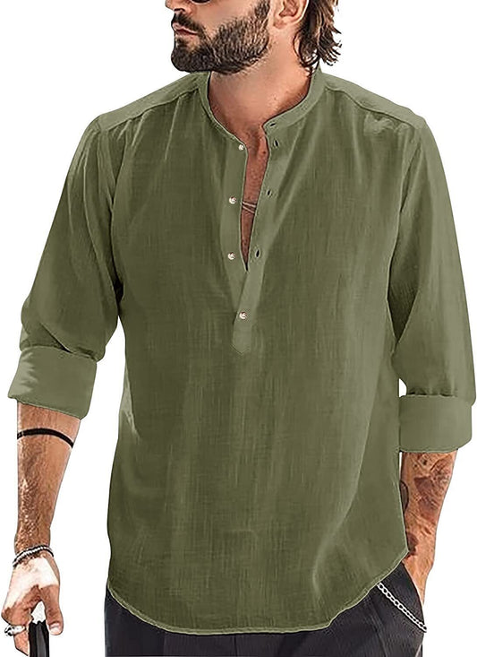 6-Pack Mens Linen Henley Shirt Casual Long Sleeve T-Shirt Summer Beach Plain Tee Tops💖Buy two packs for free shipping💖