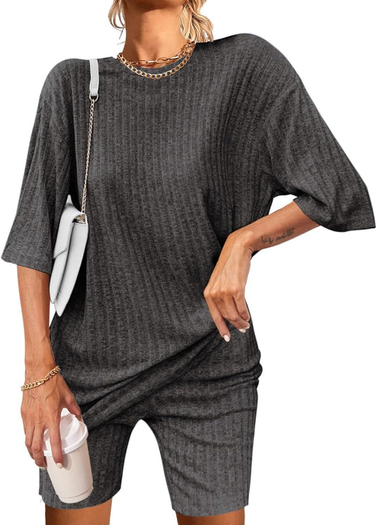2 Piece Lounge Sets Ribbed Knit Matching Outfits T-shirt Biker Shorts Sleepwear Loungewear Sweatsuits