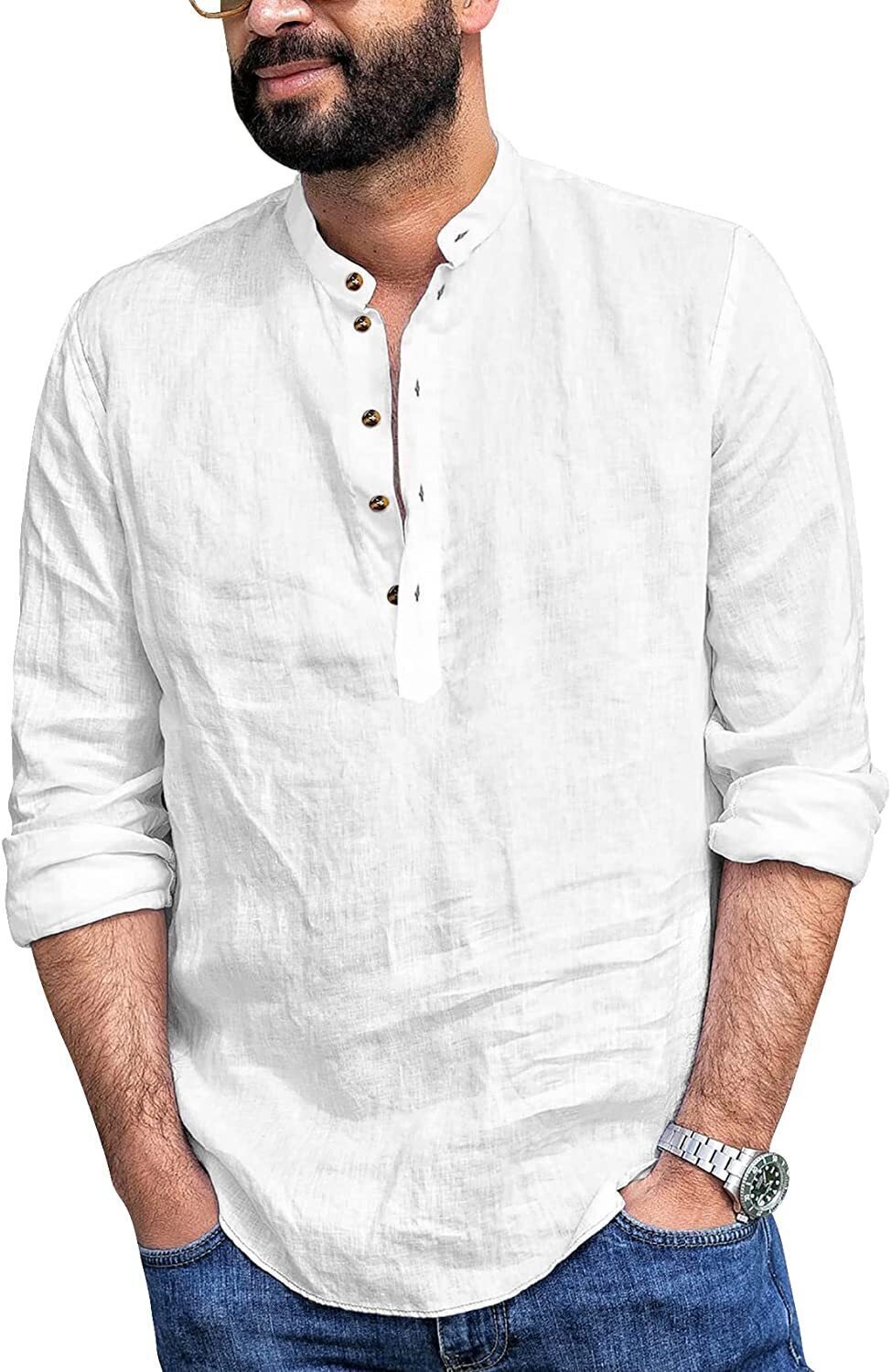 6-Pack Mens Linen Henley Shirt Casual Long Sleeve T-Shirt Summer Beach Plain Tee Tops💖Buy two packs for free shipping💖