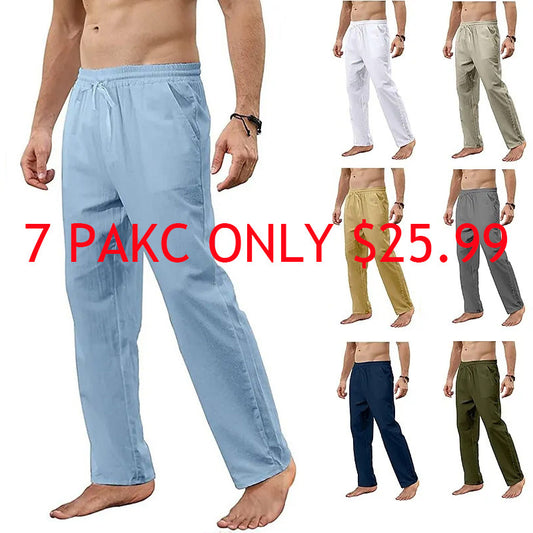 7 PACK Men's Linen Pants Trousers Beach Pants Straight Pants Pocket Drawstring Solid Color Plain Breathable Soft Full Length Home Casual Linen Fashion Classic Loose Fit White Black Micro-elastic