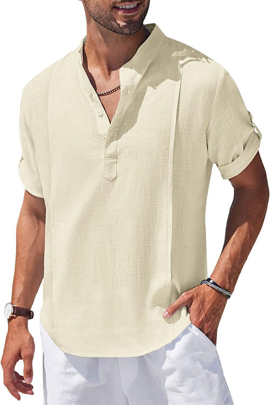 8-Pack Men's Linen Henley Shirt Casual Beach Hippie Shirts Short Sleeve T Shirts💖Buy two packs for free shipping💖