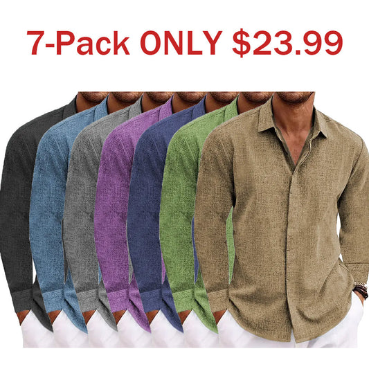 7-Pack Men's button v-collar casual cotton linen long-sleeved shirt