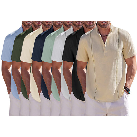 8-Pack Men's Cotton Linen Henley Shirt Short Sleeve Cuban Shirt Hippie Casual Beach Band Collar T Shirts💖Buy two packs for free shipping💖